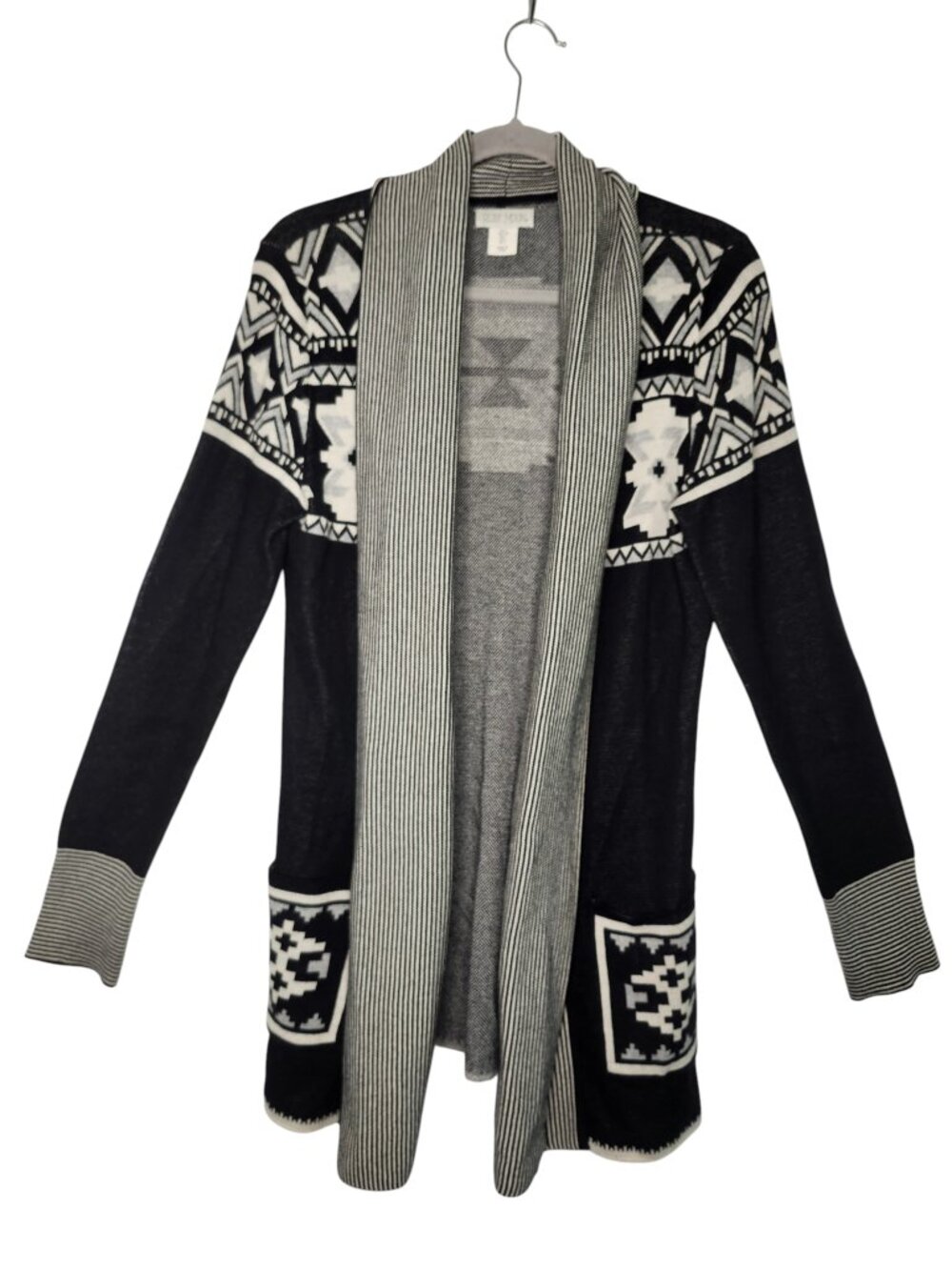Ruby Moon Black and White Open Front Aztec Stripe Cardigan Size Large
